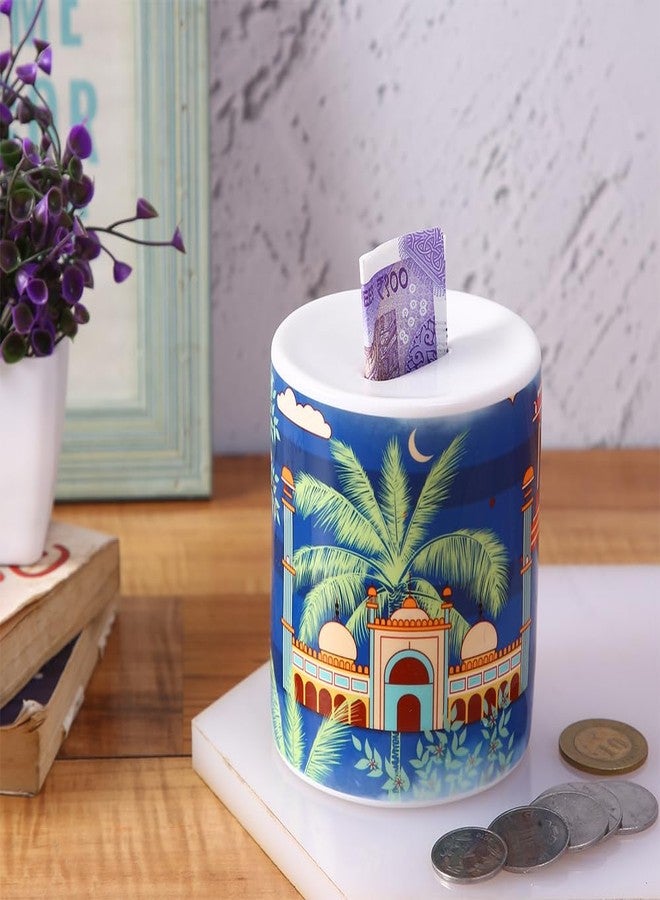 PentaDeco Navy Blue Floral Ceramic Money Box | 4-Inch Aesthetic Coin Bank | Premium Glossy Ceramic Piggy Bank for Gifting - Image 1